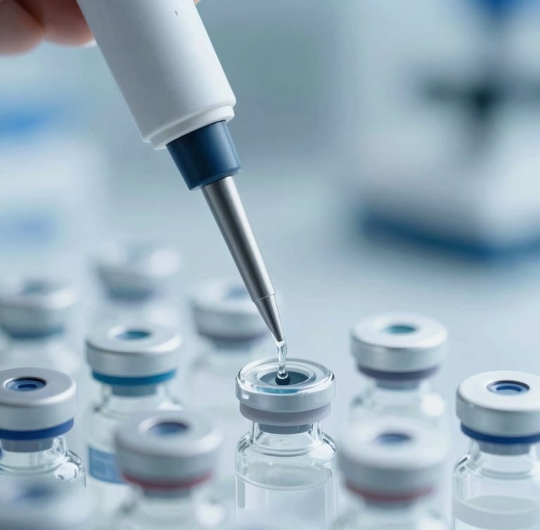 Extreme close-up of a high-precision medical pipette dispensing fluid into laboratory vials, cool blue tones, sharp focus, 35mm lens.