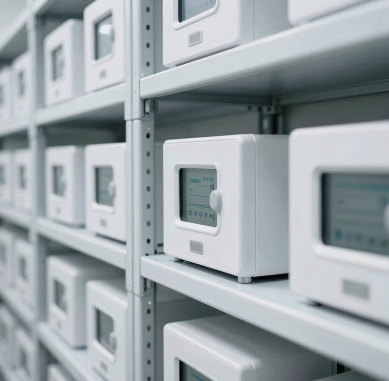 Close-up of a high-tech temperature-controlled medical storage facility with steel shelves, bright white lighting, sharp focus.