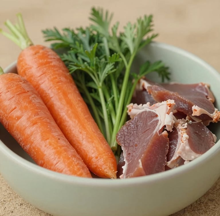 Close-up of fresh whole food ingredients for dogs, including sliced carrots, fresh herbs, and high-quality meat in a ceramic bowl, warm sand background, soft overcast daylight, shallow depth of field.