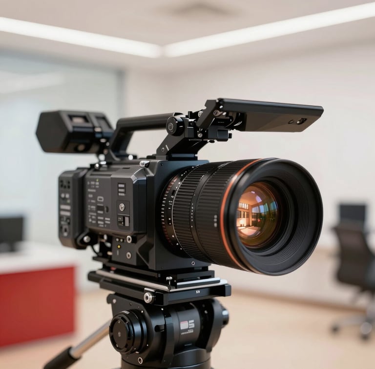 Close-up of high-end media production equipment, camera lens reflecting warm architectural interior lights, clean and professional studio setting, 35mm editorial.