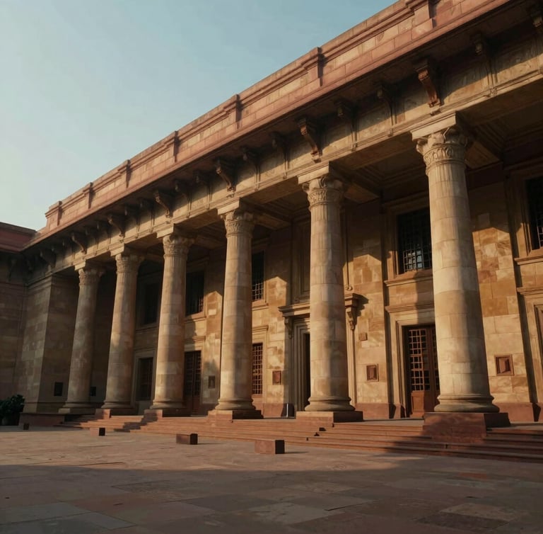 Cinematic wide-angle view of the North Block secretariat building in New Delhi, dramatic side-lighting during golden hour, emphasizing majestic sandstone columns and deep shadows.