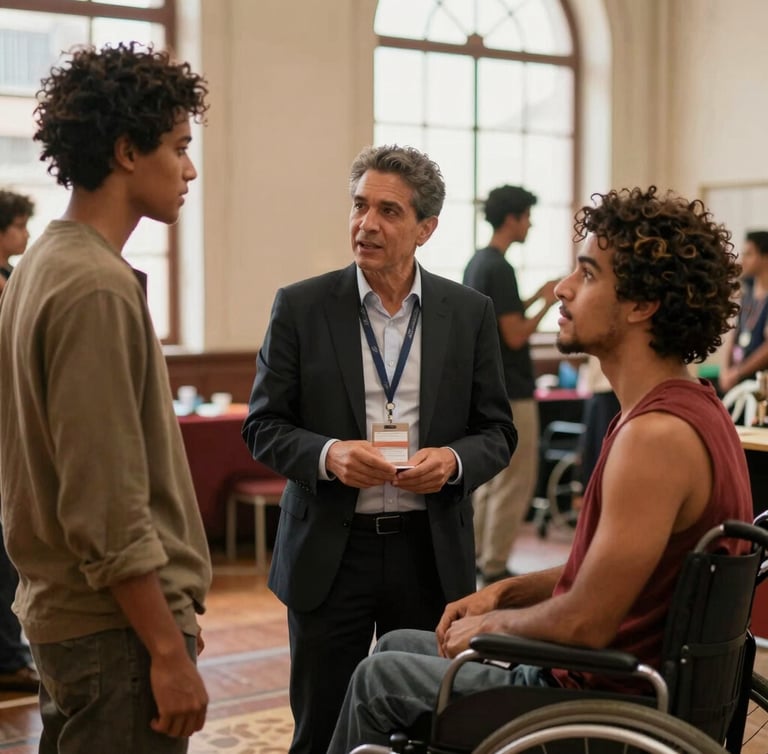 Warm editorial photography of a corporate sponsor representative talking with a disabled theatrical performer backstage in a São Paulo cultural center, soft natural daylight, rich inclusive tones, authentic setting, shallow depth of field.