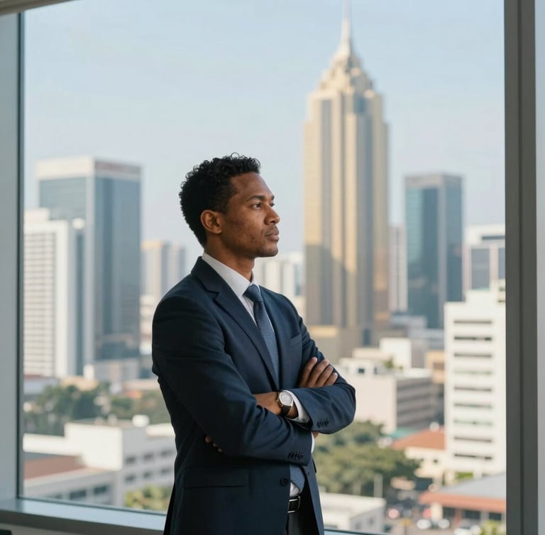 Medium close portrait of a focused professional in a modern corporate office overlooking the Lagos skyline, bright natural daylight, architectural depth
