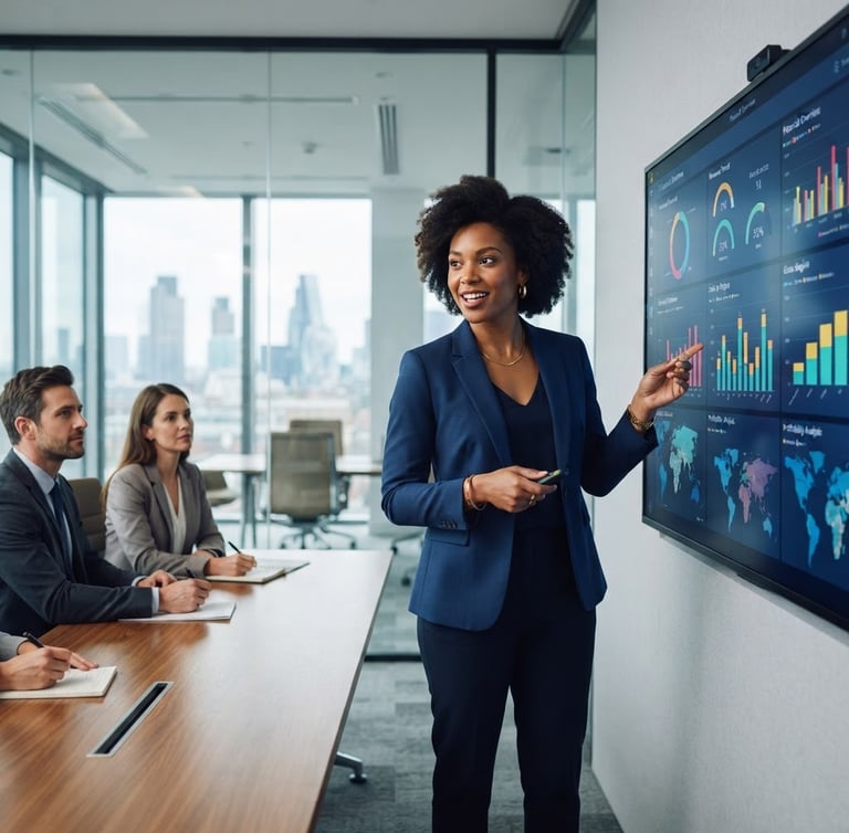 Une femme d'affaires afro-américaine présentant des rapports financiers et des tableaux de bord interactifs Power BI dans une salle de conseil moderne, éclairage technologique doux, style épuré.