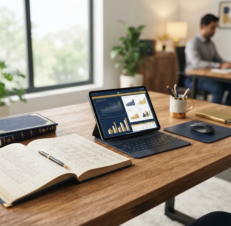 Professional editorial photography of a modern, organized Indian business space, bright natural window light, deep navy and warm gold accents, close-up of a clean wooden desk with a ledger and a digital tablet displaying financial charts, shallow depth of field, 35mm