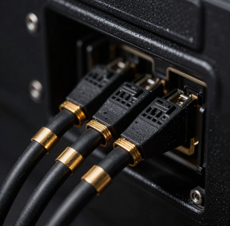 Macro close-up of perfectly managed back-panel cabling, clean routing, metallic gold ties, dark obsidian background, sharp focus, low-key studio lighting.