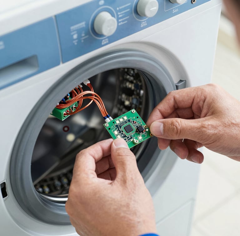 Close-up of a technician's hands repairing a commercial washing machine control panel with copper wiring and circuit boards visible, bright clean utility lighting, blue and metallic silver tones, 35mm