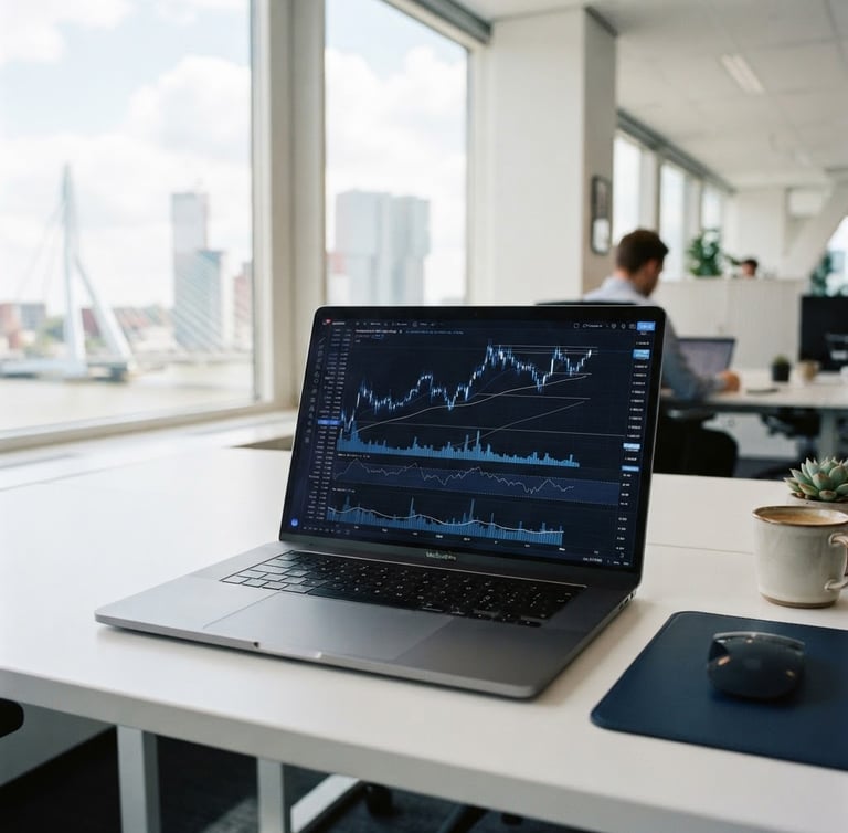A sleek modern laptop displaying financial charts on a white desk in a bright Rotterdam office, soft natural daylight, professional 35mm photography