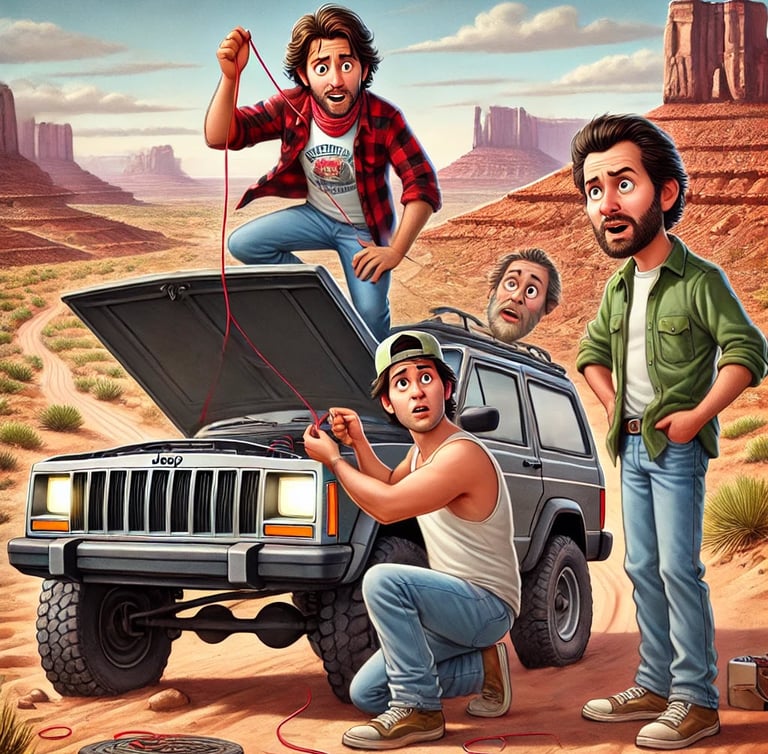 Digital art of men fixing a broken Jeep Cherokee in a desert canyon landscape with red rock formations.