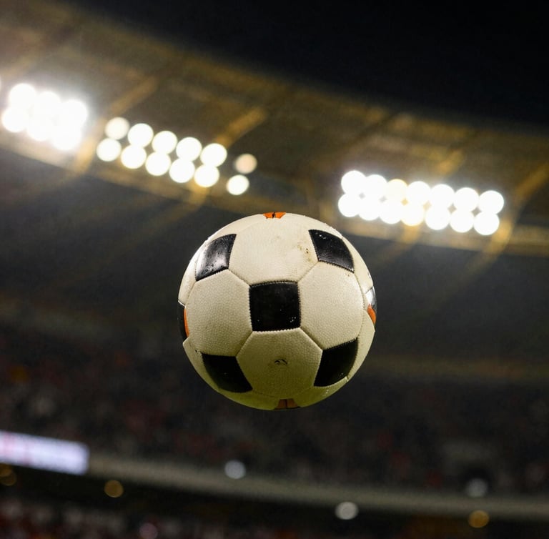 Dynamic close-up of a spinning football on a dark pitch under glowing gold stadium floodlights, dramatic sports photography, high-contrast backlighting, 35mm