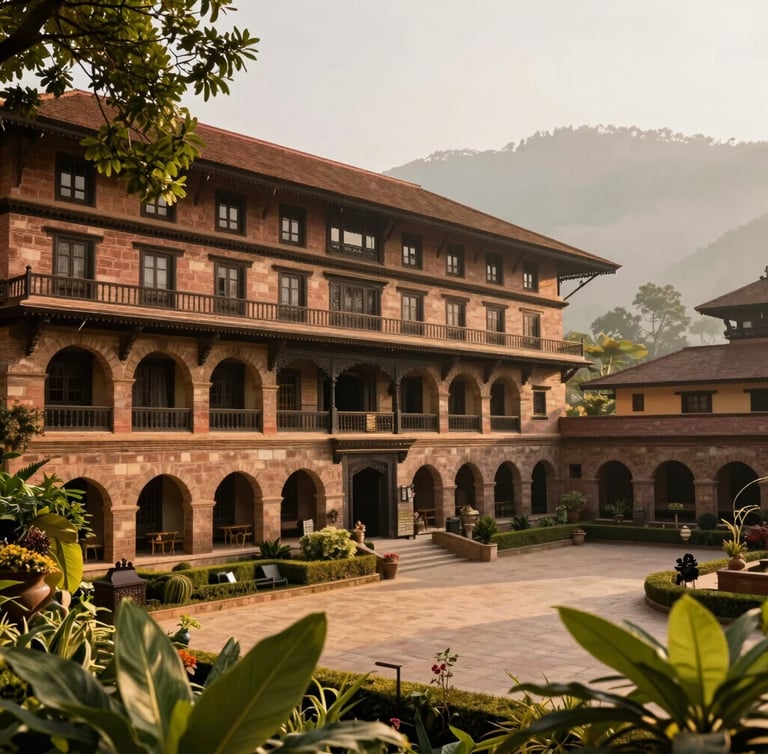An elegant heritage hotel courtyard in Nepal, warm stone architecture, lush green foliage, soft golden hour sunlight