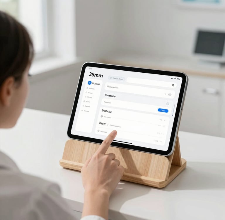 Over-the-shoulder shot of a hand tapping a clean tablet kiosk mounted on a light wood stand in a bright, modern medical clinic with soft daylight, minimalist product photography, 35mm lens