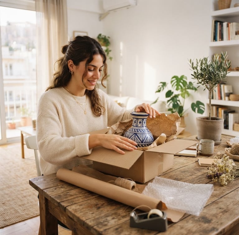 A warm, natural daylight lifestyle photo of a young Greek woman neatly packaging a vintage ceramic vase in a cardboard box on a wooden table, soft focus background, modern Greek apartment setting, 35mm