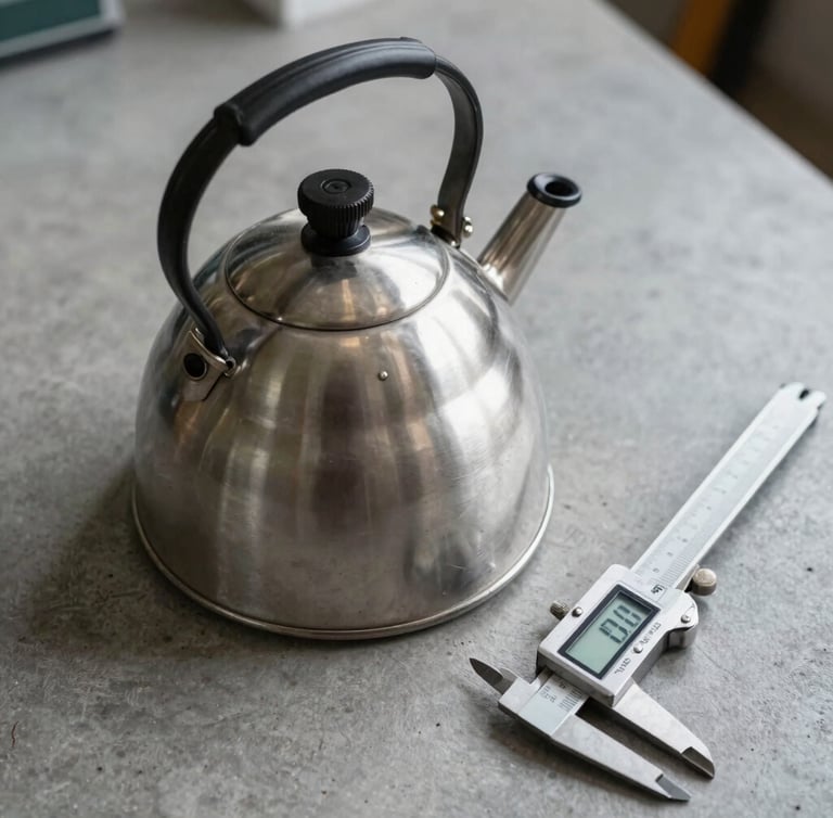 A close-up, high-angle technical shot of a stainless steel kettle prototype next to a digital caliper showing precise measurements, cool workshop daylight, clean concrete background.