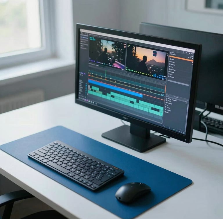 Overhead view of a clean modern editing bay with a color-grading monitor showing a video timeline, soft natural morning light from a side window, slate blue desk mat, minimalist setup, 35mm film look.