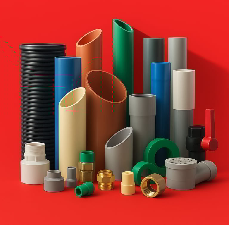 Assorted industrial PVC and plastic pipes in various colors and sizes.