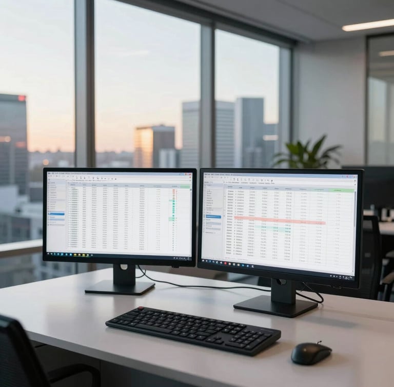 Wide panoramic view of a high-end Sydney corporate office at sunrise, clean dual-monitor setup showing complex financial spreadsheets blurred in the background, cool natural morning light filtering through floor-to-ceiling windows, professional and clinical atmosphere.