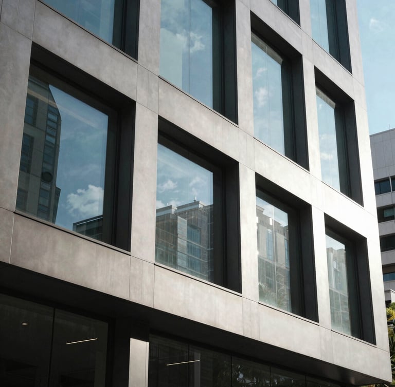 Bright, natural daylight illuminating a modern Sydney corporate office window with clean architectural lines, cool-toned and professional.