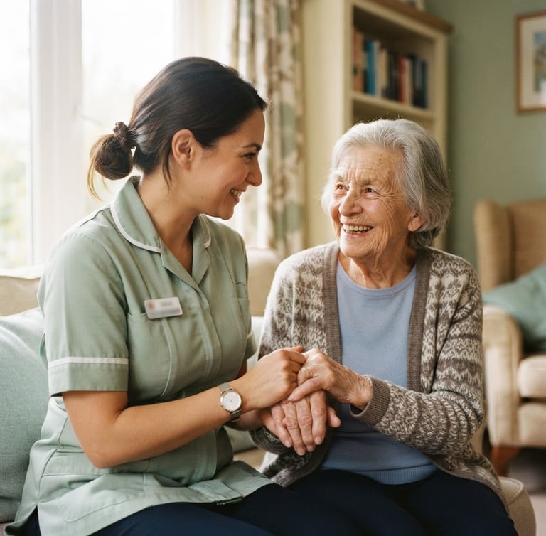 Warm editorial photography of a professional caregiver in a soft sage green uniform holding the hand of an elderly woman who is smiling warmly. Soft natural window light, warm cream background, shallow depth of field, 35mm lens.