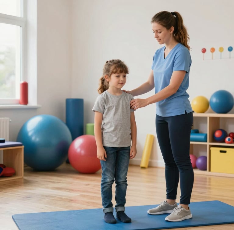 A warm therapy room with colorful mats and engaging toys for children.