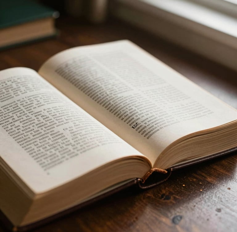 Macro shot of a thick, leather-bound theological book open on a dark oak desk, textured cotton paper with crisp traditional serif typography, soft warm directional window light casting rich shadows, 35mm photography