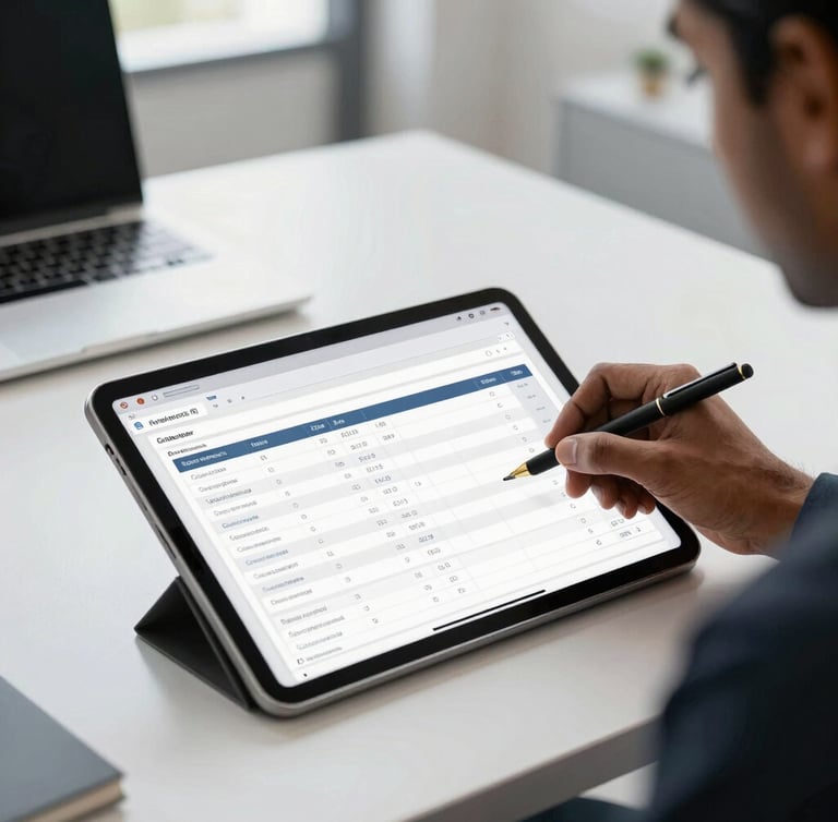 A clean, modern Indian corporate workspace with natural light, featuring a sleek digital tablet displaying clean financial charts and compliance checklists, professional and organized atmosphere.