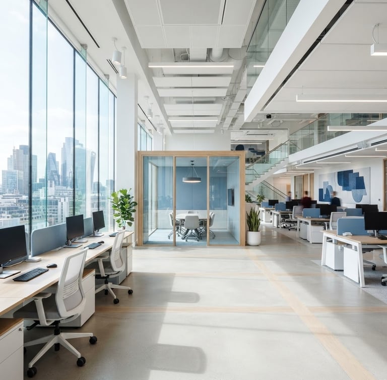Bright architectural photography of a spotless modern office interior, clean natural daylight, crisp white and soft blue tones, sharp focus, 35mm lens