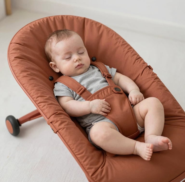 Hands carefully steaming a soft fabric baby bouncer with a professional steamer, warm natural light, clean and pure atmosphere, 35mm