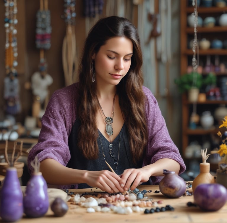 Mujer elaborando joyeria hecha a mano con piedras minerales y macramé