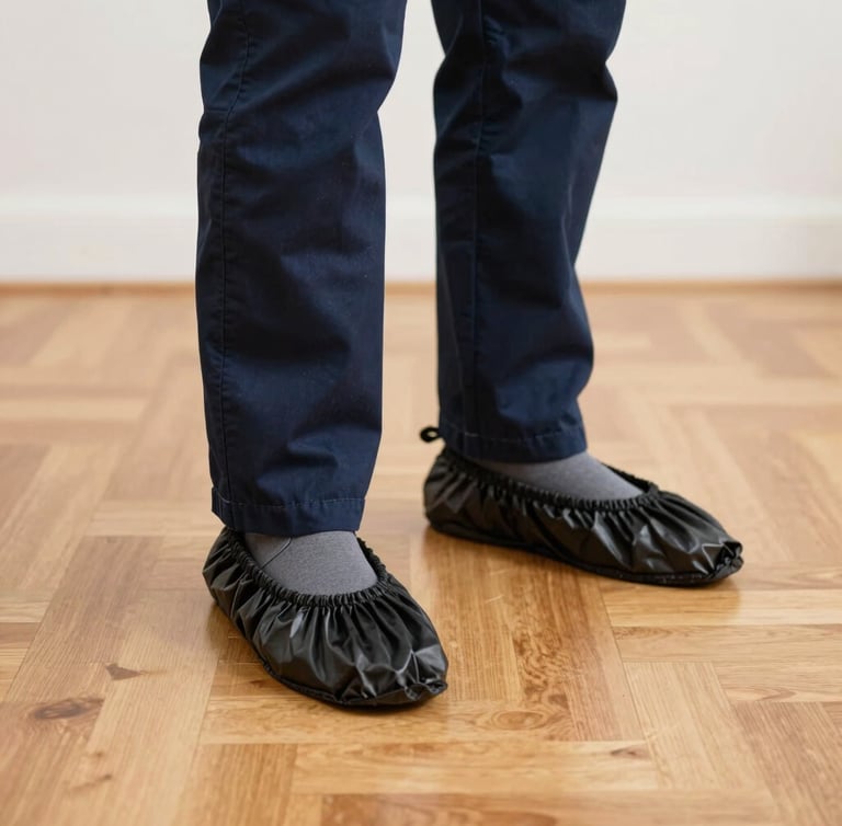 Close-up of a technician in a clean navy uniform wearing protective black shoe covers on a hardwood floor, bright home lighting, sharp focus