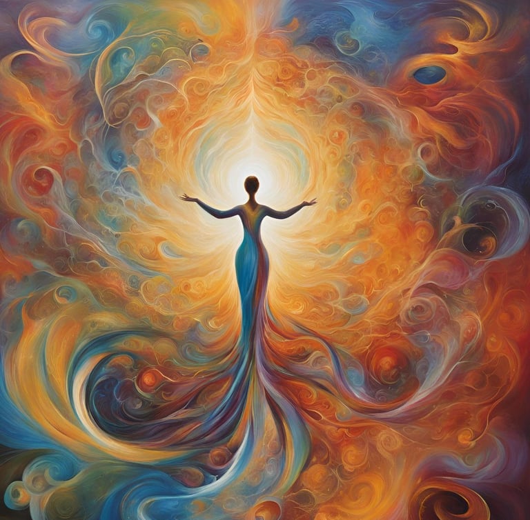 illustration imagée de l'aspect spitituel de l'art: femme de dos tendant les bras à l'infini