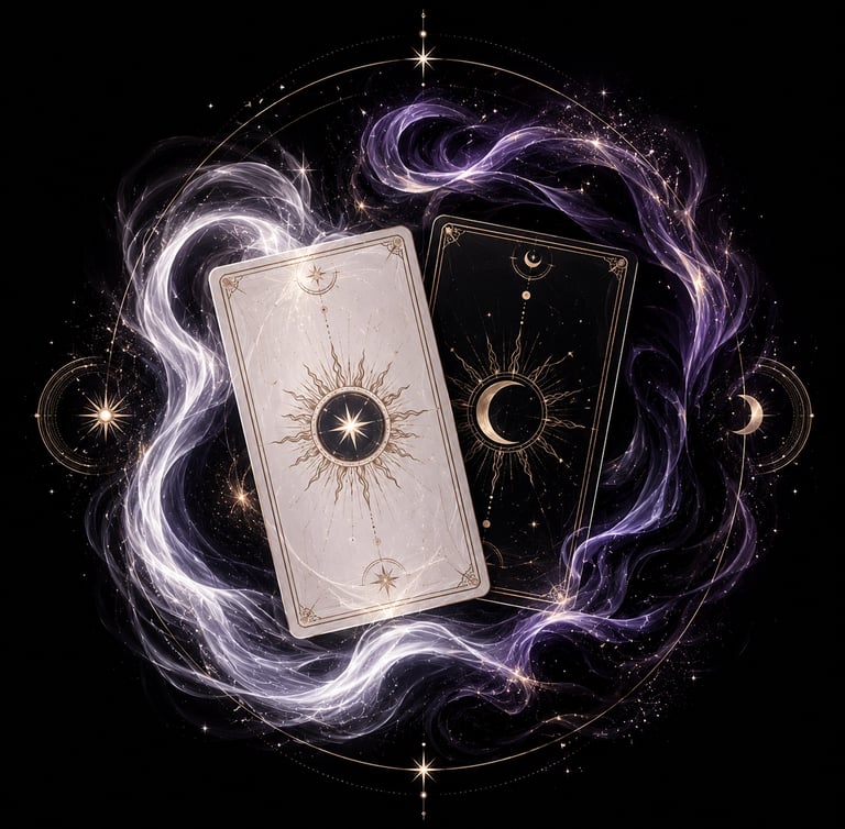 Celestial tarot cards with sun and moon symbols surrounded by mystical purple energy and stardust.