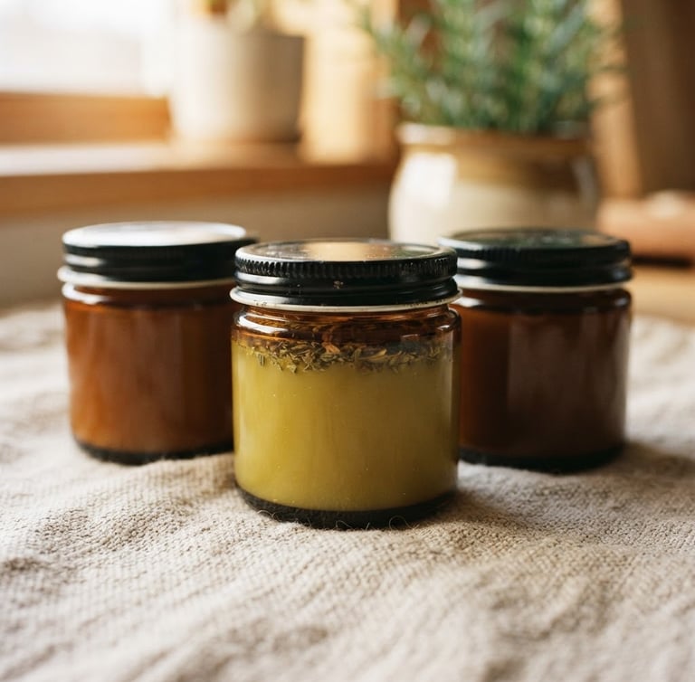 Macro close-up of amber glass jars of herbal balm resting on textured raw linen, soft morning window light, warm earth tones, shallow depth of field, 35mm