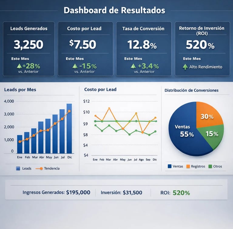 Dashboard resultados clientes Automatizaya generación leads