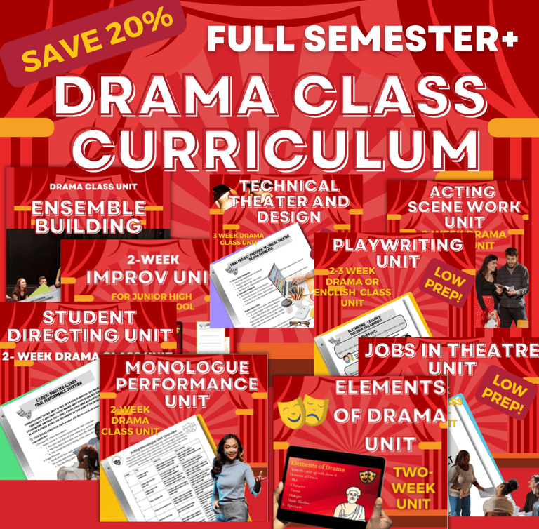 Full semester drama class curriculum bundle featuring units on technical theater, acting, and playwriting.