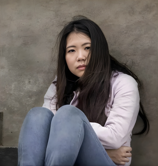 a woman sitting on a step up to a wall