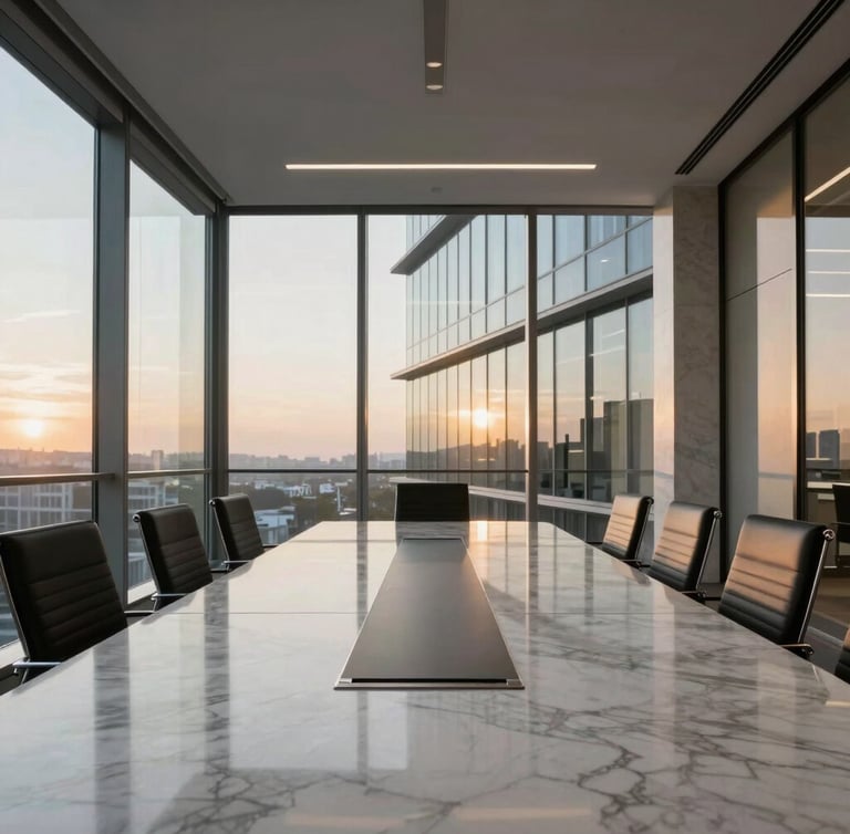 Wide panoramic view of a modern corporate boardroom at dusk, soft golden light filtering through large glass windows, a clean marble table reflecting the architectural lines, minimal and sophisticated atmosphere.