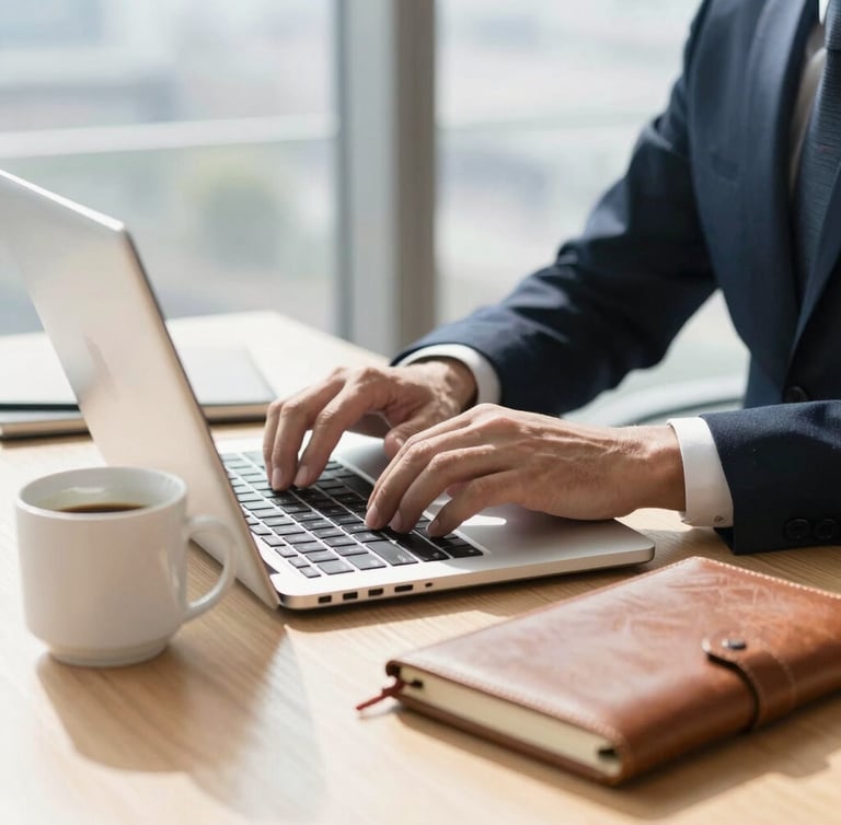 Close-up of a modern lawyer typing on a sleek laptop in a bright, sunlit office, a leather notebook and clean coffee cup on a wooden desk, 35mm lens, depth of field