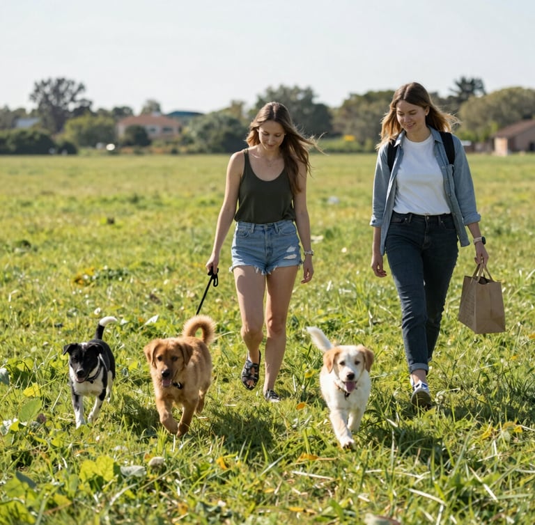 dos mujeres caminan en el campo verde con 3 perritos