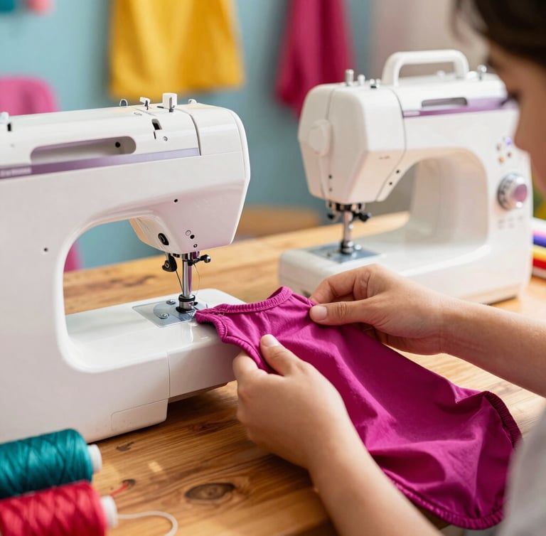 A cozy Mexican family workshop with colorful fabrics, sewing machines, and a warm-toned wooden table where hands are carefully stitching a small magenta pet garment, golden hour natural light