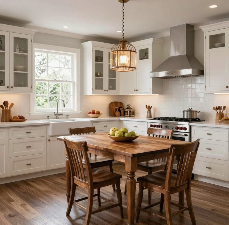 A sunlit, spacious residential kitchen with low-barrier wooden countertops, warm morning light streaming through a large window, and a shared dining table in the background.