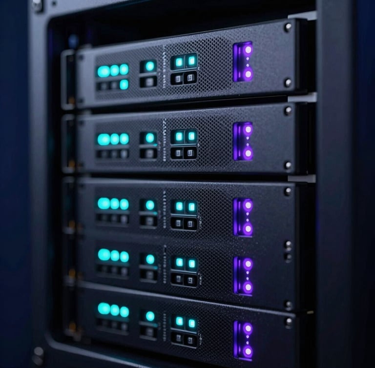 Close-up macro shot of a high-end server rack with subtle cyan and violet LED indicators, dark studio lighting, sharp focus.