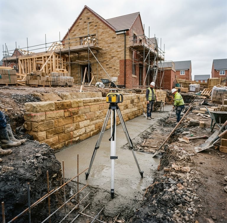 Low-angle wide shot of active excavation on a residential site, laser level set up on fresh concrete, warm sandstone tones, overcast daylight.