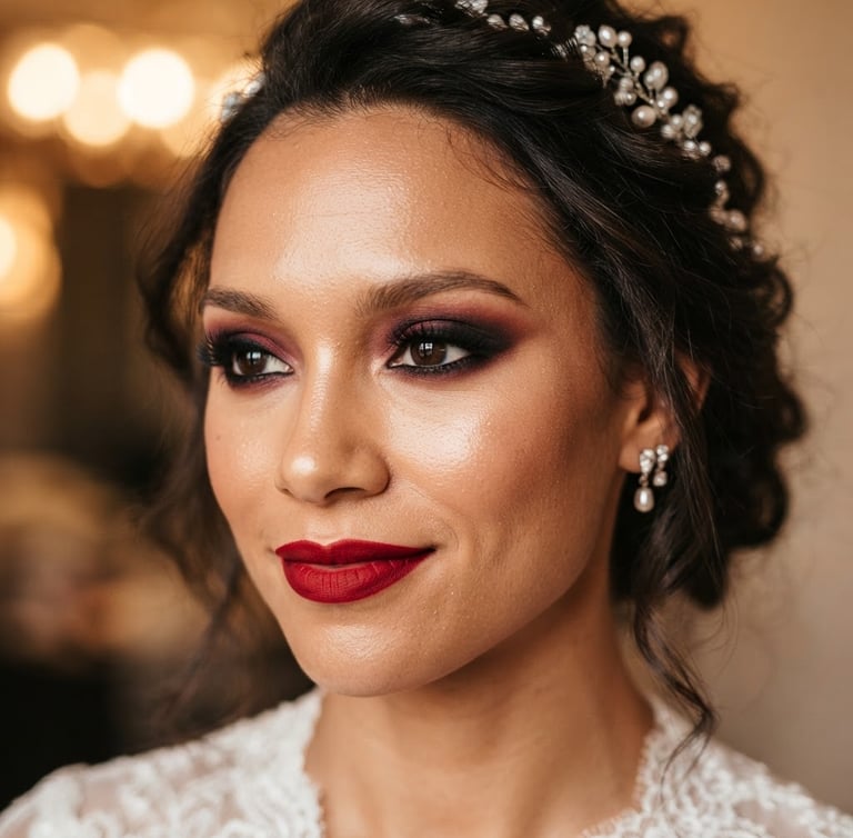 Editorial beauty photography, close-up of flawless bridal makeup with rich crimson accents, warm studio lighting, shallow depth of field, 85mm