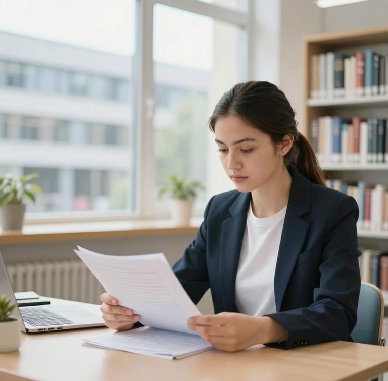 A focused student analyzing academic documents in a bright, modern library in Russia, natural daylight, professional tones
