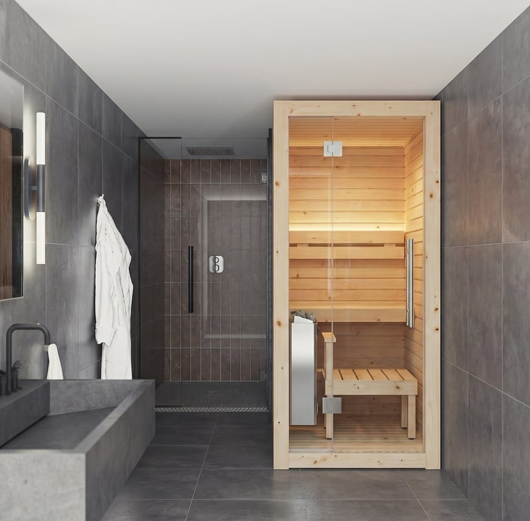 Modern home spa bathroom featuring a compact indoor cedar sauna next to a walk-in glass shower.