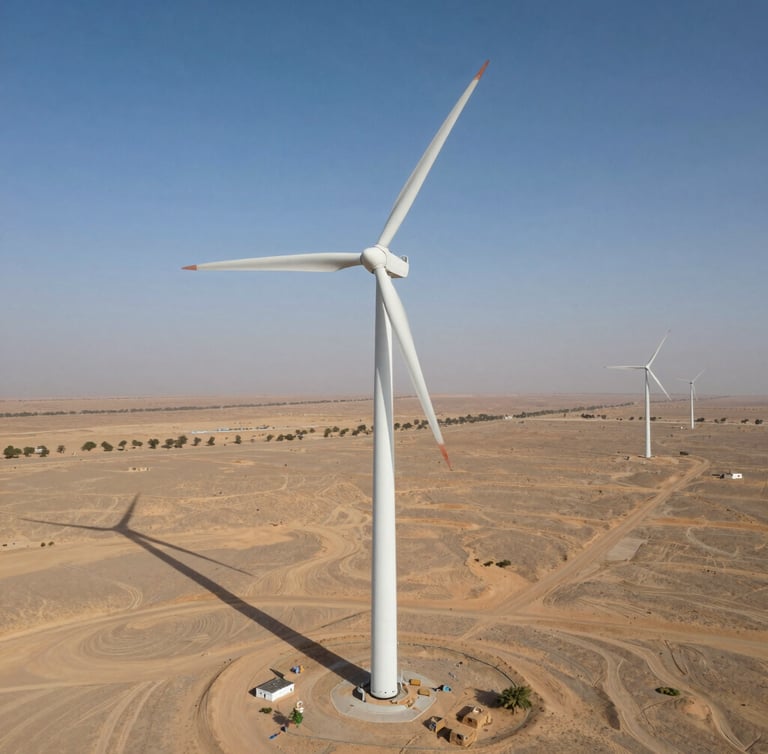 Ultra-wide environmental landscape of the Gharo wind corridor in Sindh, Pakistan. A massive wind turbine stands in the arid desert plains under bright daylight, casting long shadows.