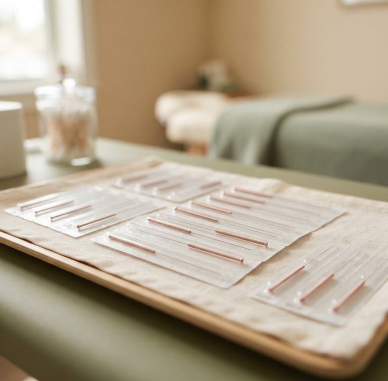 Close-up of sterile acupuncture needles in a bright clinical setting with soft natural daylight, warm sage and sand tones, professional medical environment.