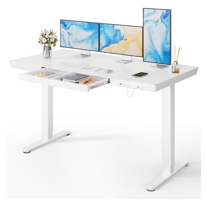 Marsail 55"x28" Electric Standing Desk with Glass Top, Height Adjustable Sit-Stand Desk with Drawer