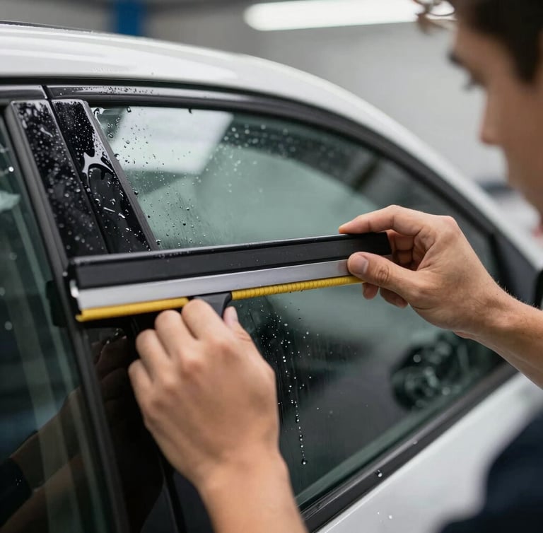 Hands of a technician applying ceramic window tint to a car window with a squeegee, clean shop lighting, water droplets visible